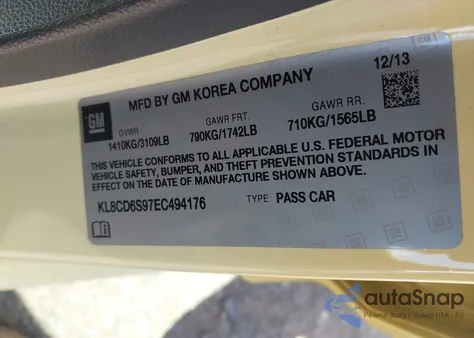 2014 Chevrolet Spark 1Lt Auto from USA, damaged, VIN KL8CD6S97EC494176